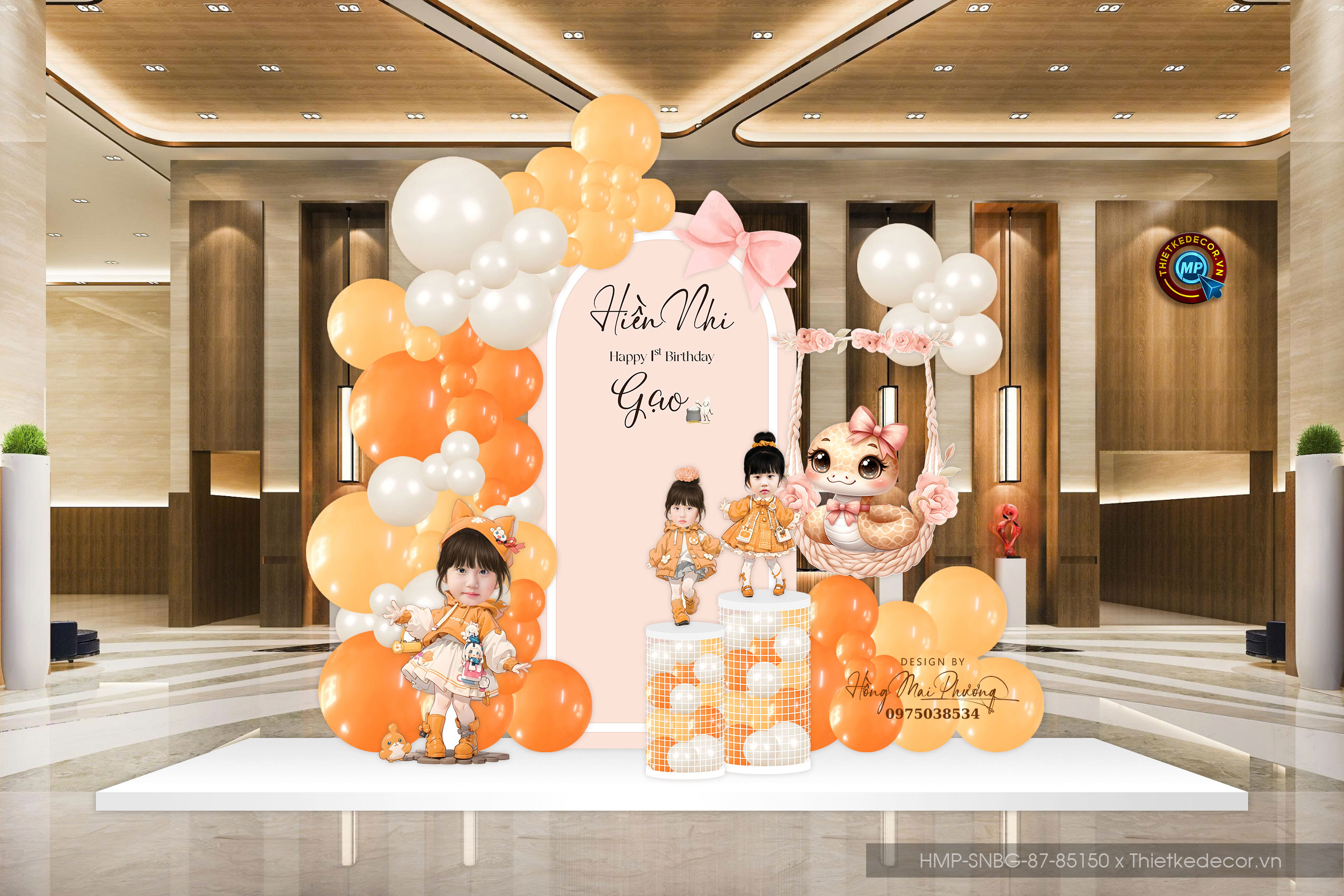 File thiết kế sinh nhật bé gái tone cam tuổi rắn dễ thương đáng yêu cute sang trọng.